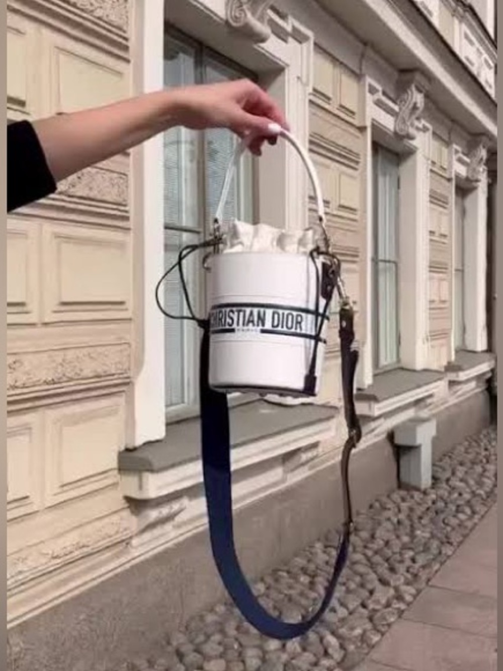 Christian Dior Dior Vibe Bucket Handbag Leather White Navy Women's